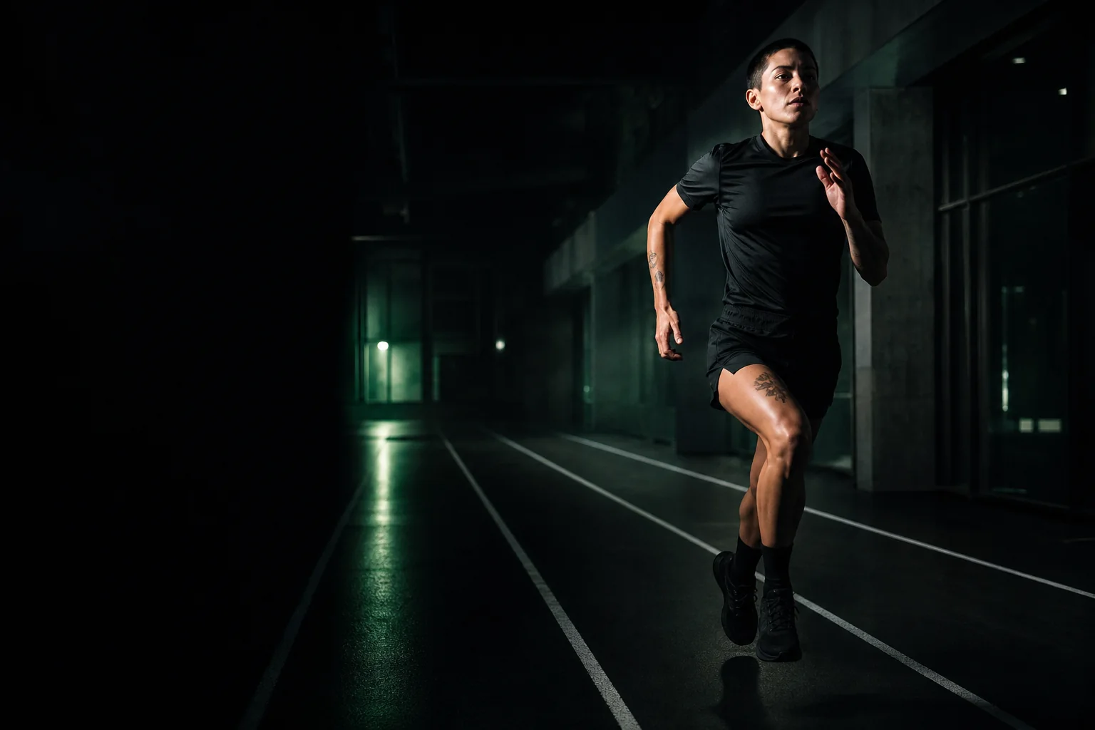 Runner moving through a dim training corridor